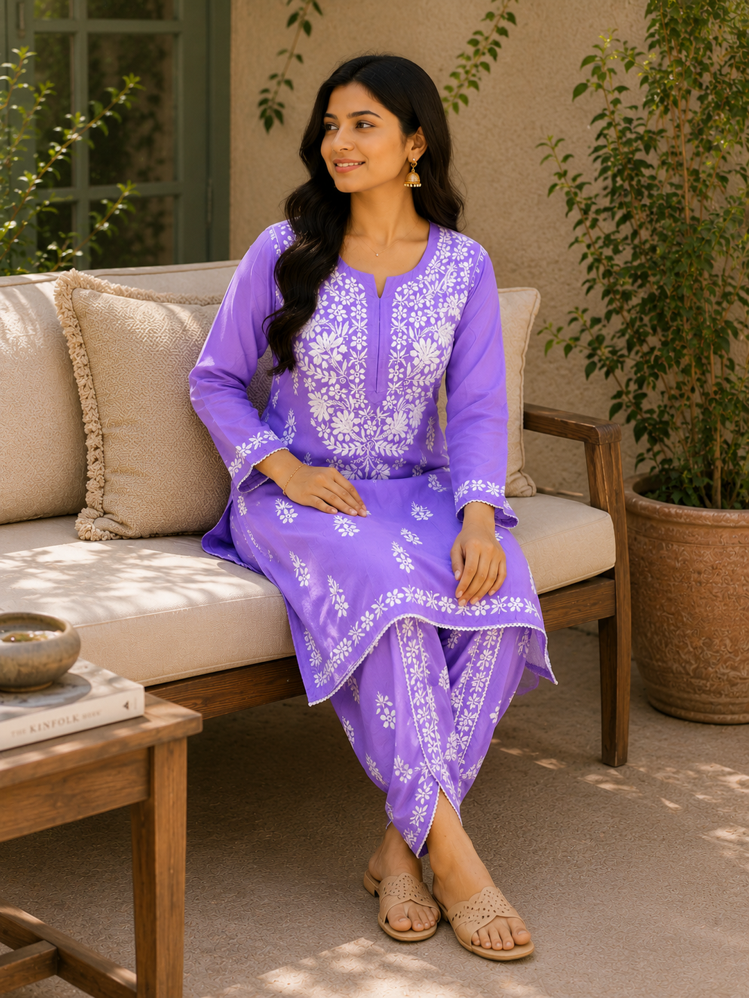 Sangria Premium Rayon Chikankari Solid Women's Kurta-Dhoti Set - Lavender