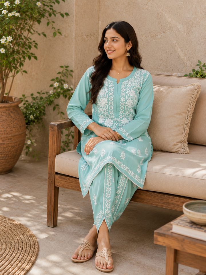 Sangria Premium Rayon Chikankari Solid Women's Kurta-Dhoti Set - Army Green