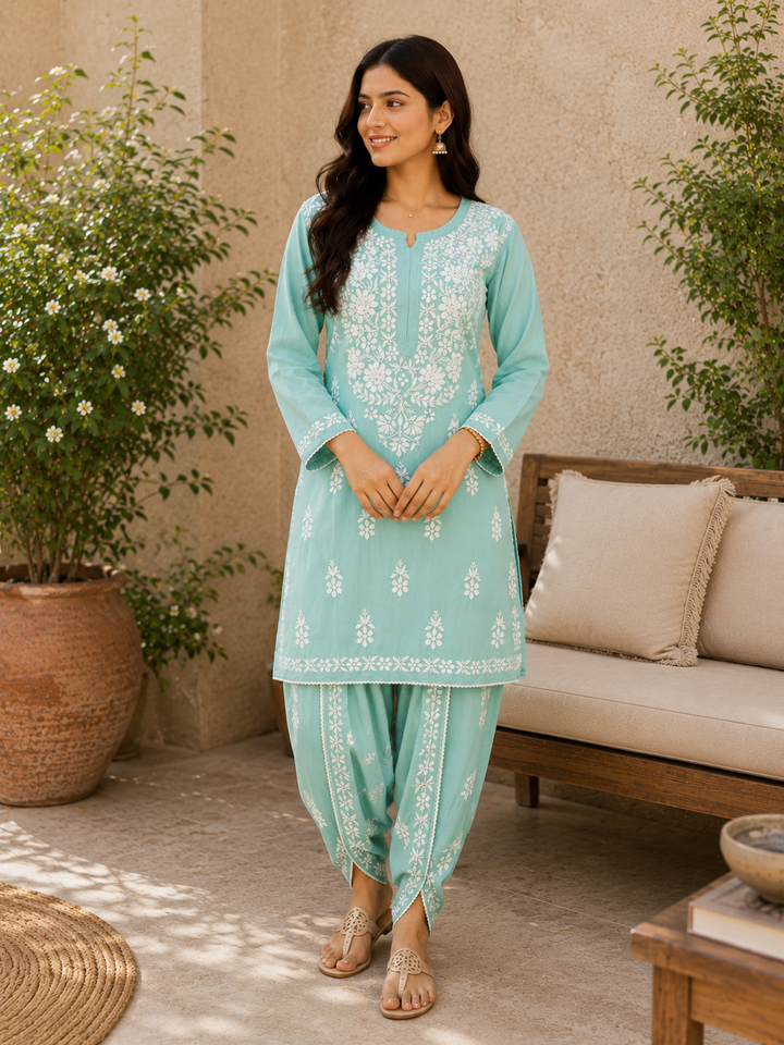 Sangria Premium Rayon Chikankari Solid Women's Kurta-Dhoti Set - Army Green