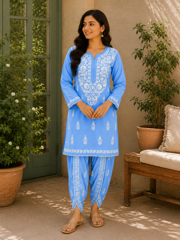 Sangria Premium Rayon Chikankari Solid Women's Kurta-Dhoti Set - Powder Blue