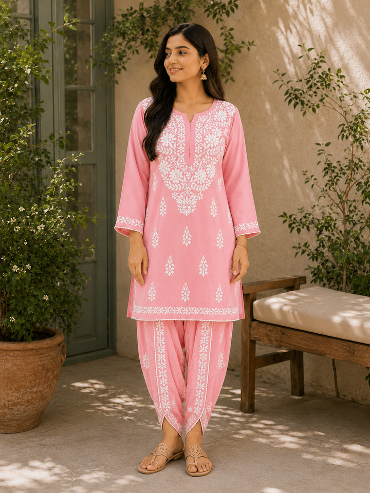 Sangria Premium Rayon Chikankari Solid Women's Kurta-Dhoti Set - Baby Pink