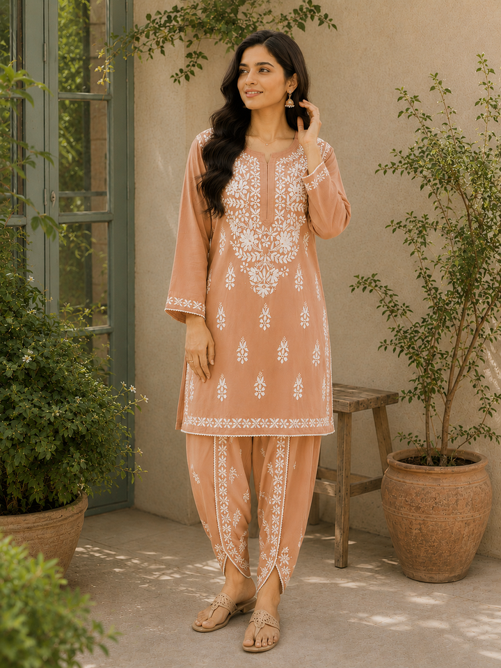 Sangria Premium Rayon Chikankari Solid Women's Kurta-Dhoti Set - Light Brown