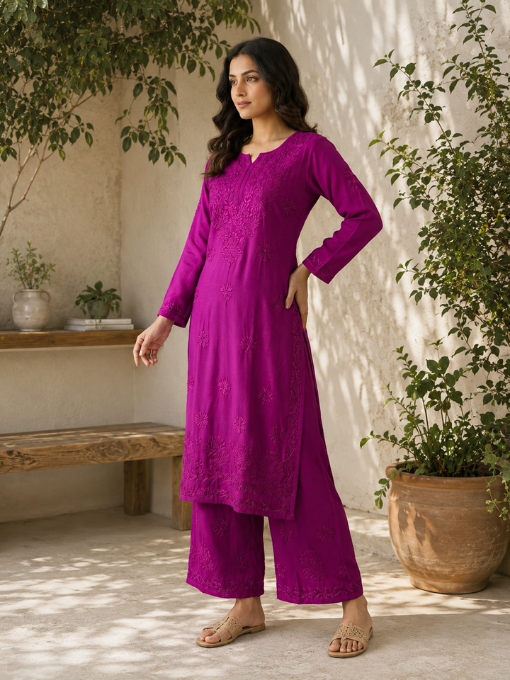 Palak Premium Chikankari Hand Embroidered Kurta Palazzo Set - Purple