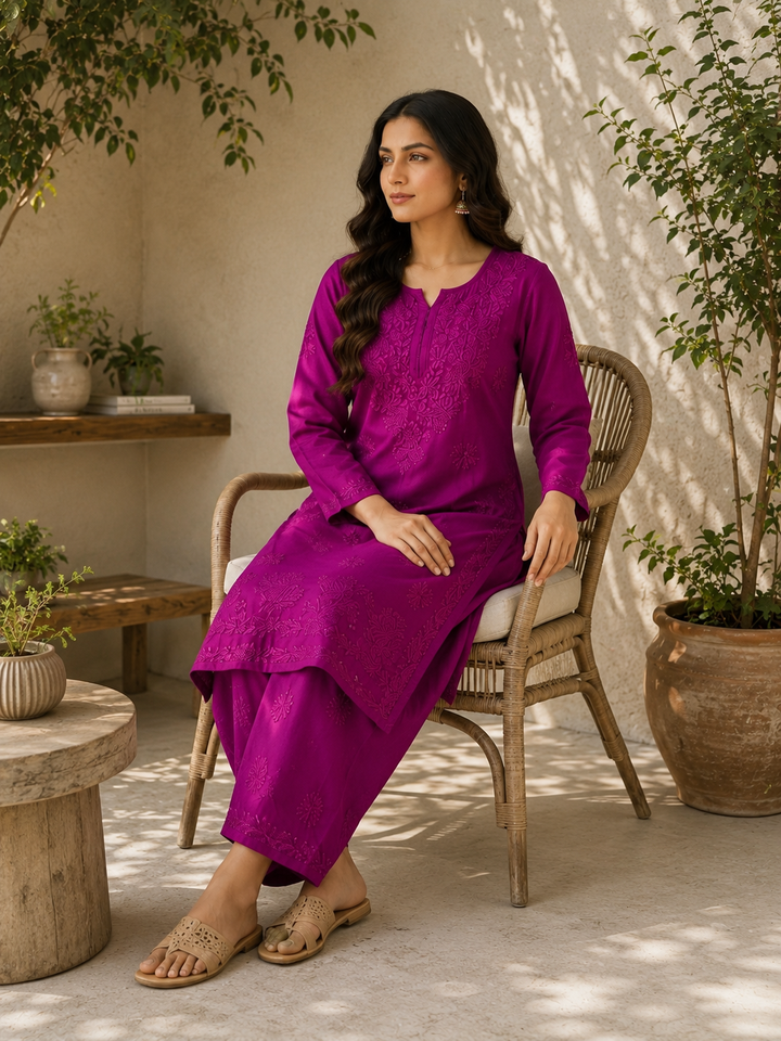 Palak Premium Chikankari Hand Embroidered Kurta Palazzo Set - Purple