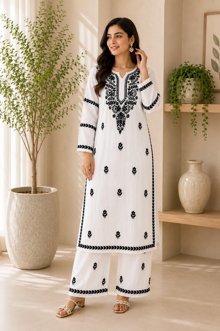 Sheela Premium Modal Chikankari Women's Solid Long Kurta Palazzo set - White