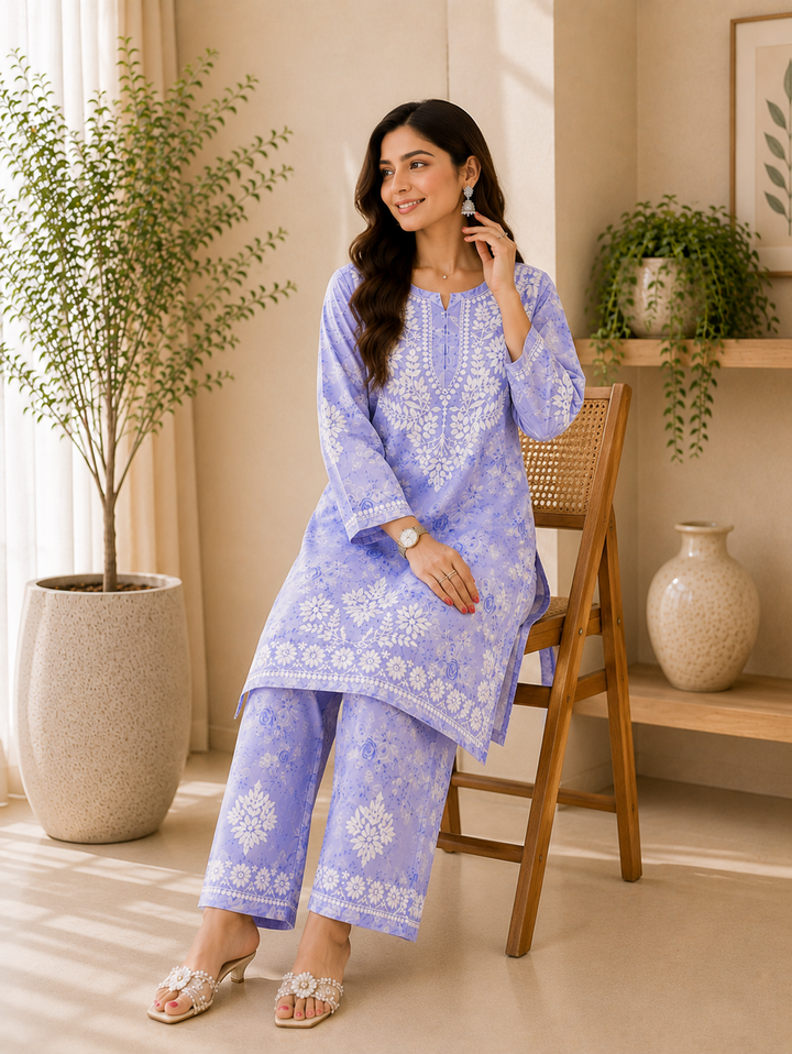 Vaani Mulmul 3D Chikankari Hand Embroidered Floral Women's co-ord set - Lavender