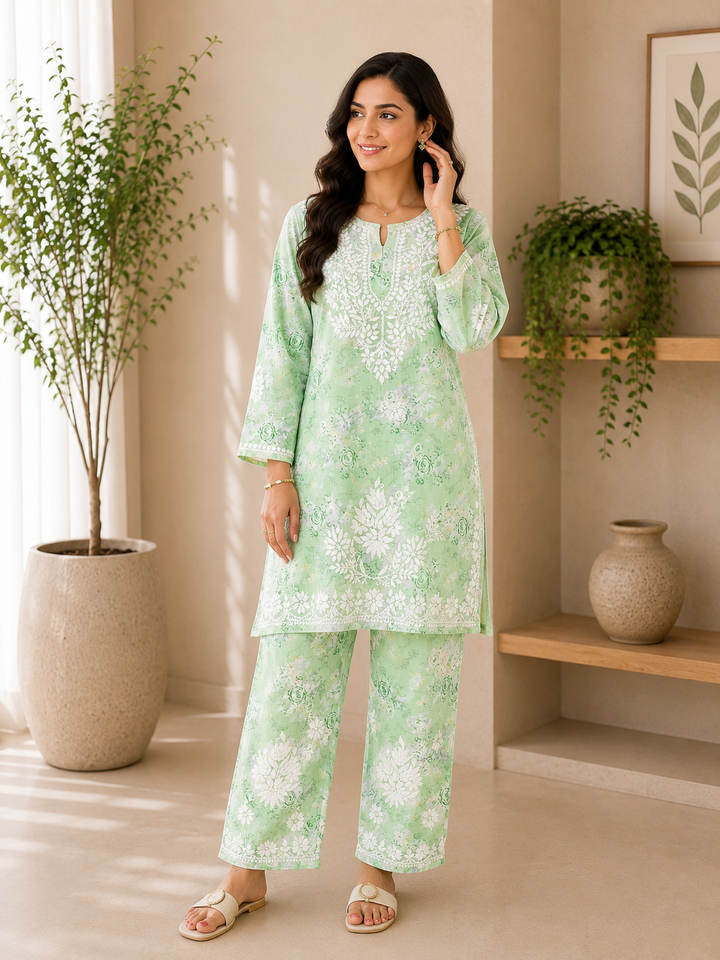 Vaani Mulmul 3D Chikankari Hand Embroidered Floral Women's co-ord set - Green