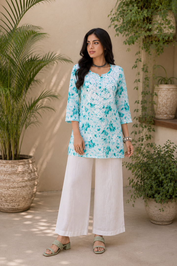 Kannika Hand-Embroidered Chikankari Mulmul Short Kurta for Women - Rama