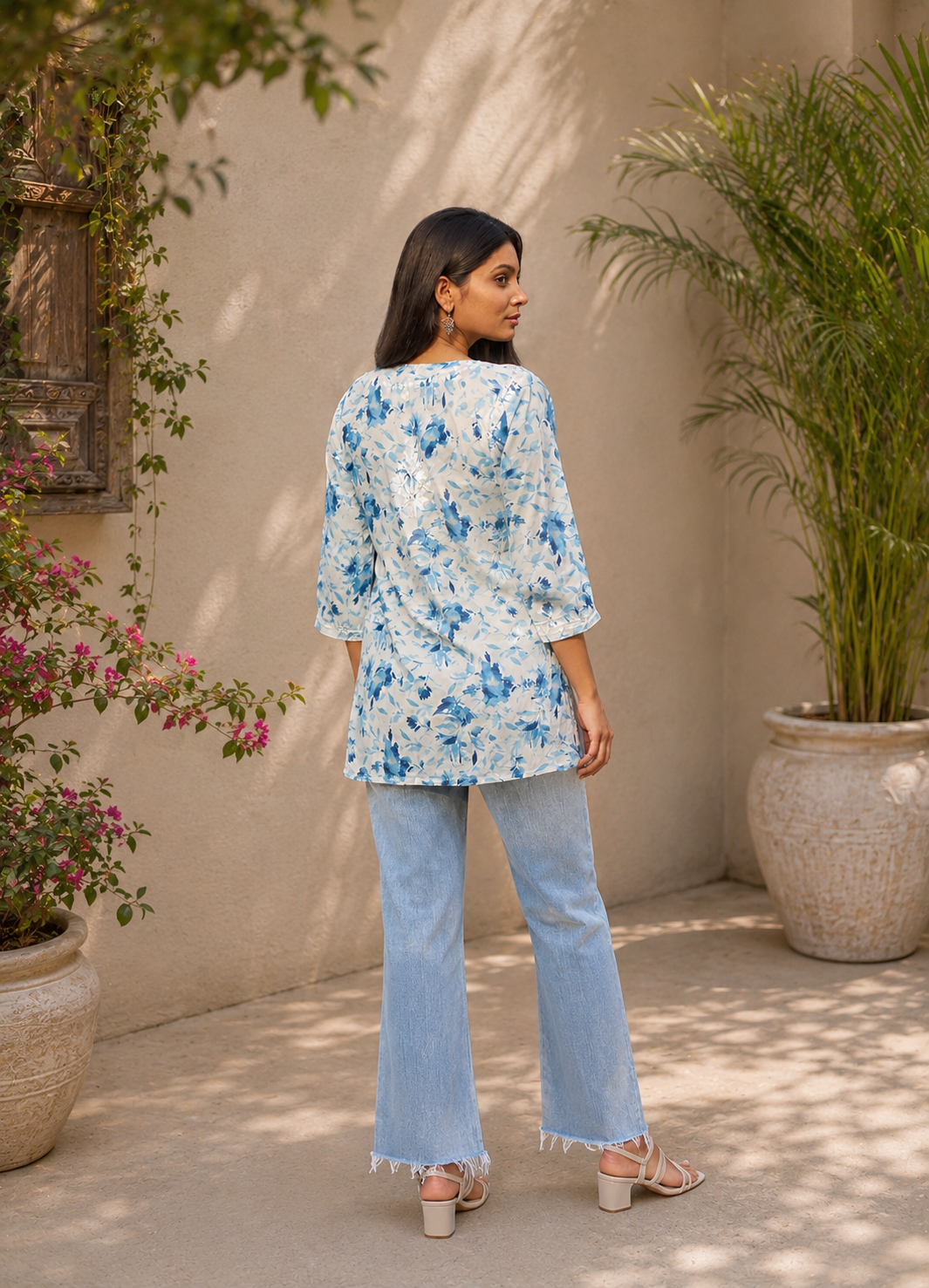 Kannika Hand-Embroidered Chikankari Mulmul Short Kurta for Women - Blue