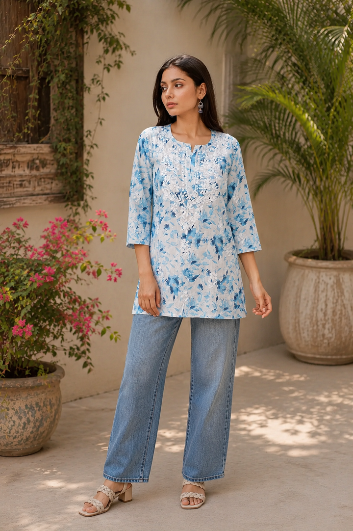 Kannika Hand-Embroidered Chikankari Mulmul Short Kurta for Women - Blue