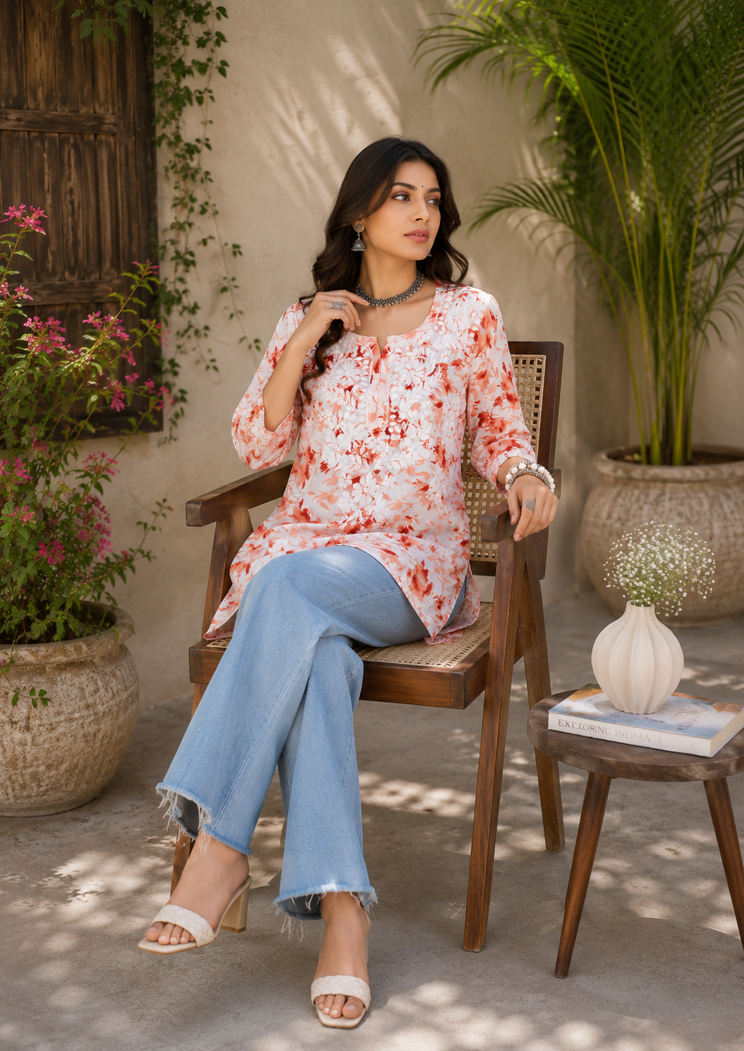 Kannika Hand-Embroidered Chikankari Mulmul Short Kurta for Women - Orange