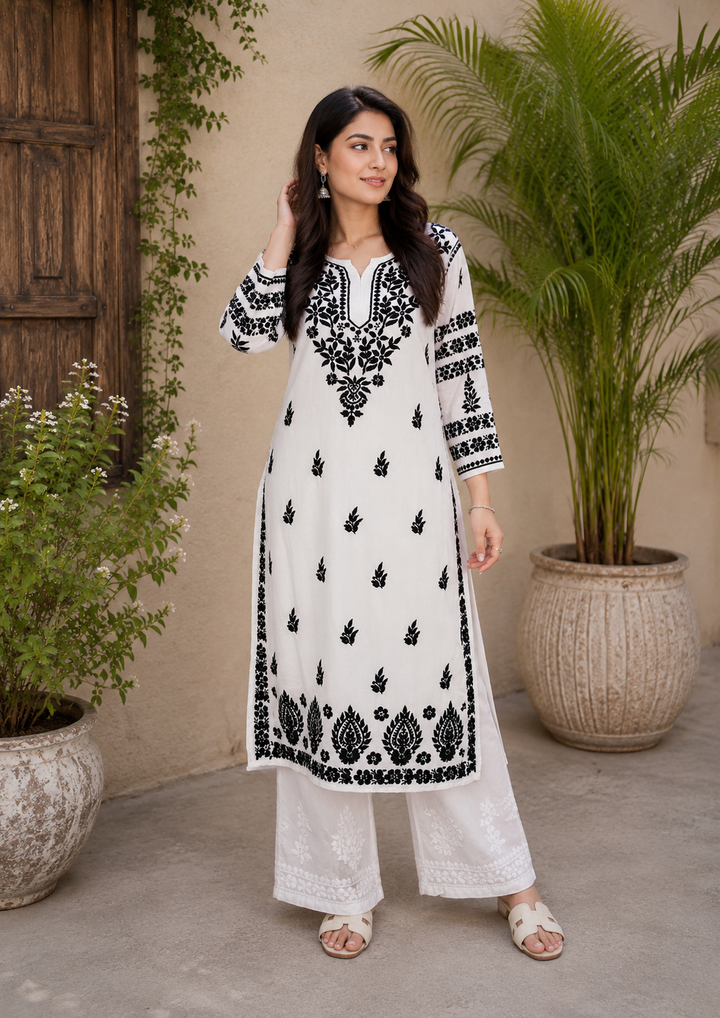 Sanchi Rayon Chikankari Hand Embroidered Women's Solid Long Kurta - White