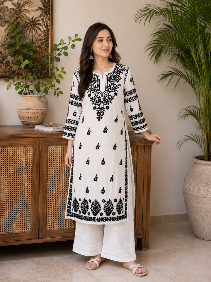 Sanchi Rayon Chikankari Hand Embroidered Women's Solid Long Kurta - White