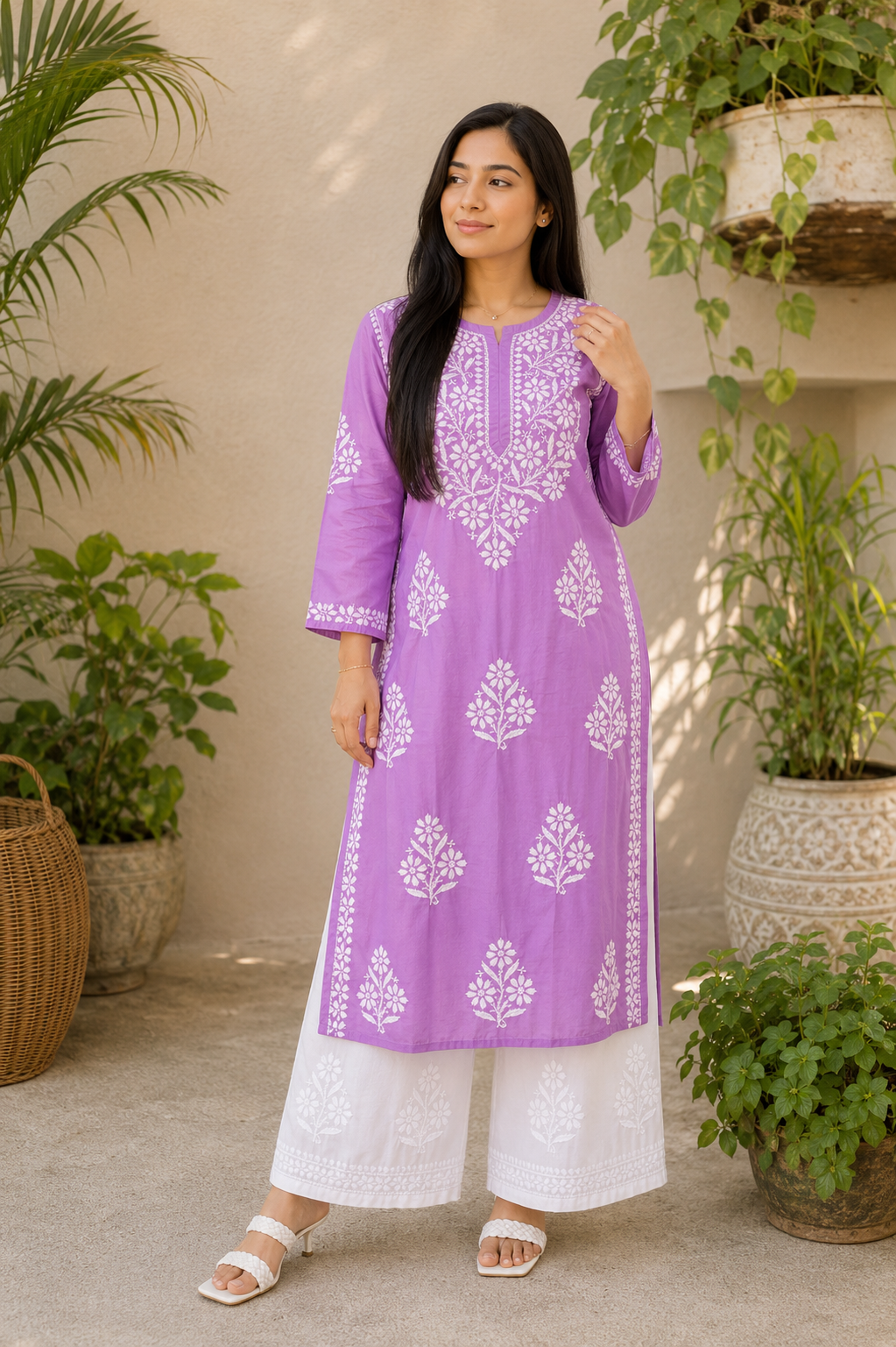 Rida Premium Chanderi Chikankari Women's Solid Long Kurta - Lavender