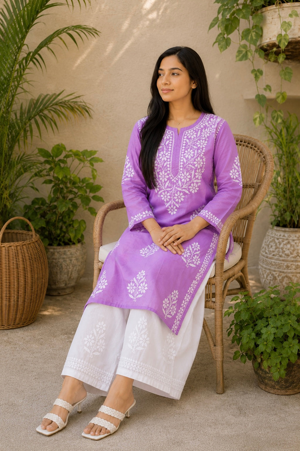 Rida Premium Chanderi Chikankari Women's Solid Long Kurta - Lavender