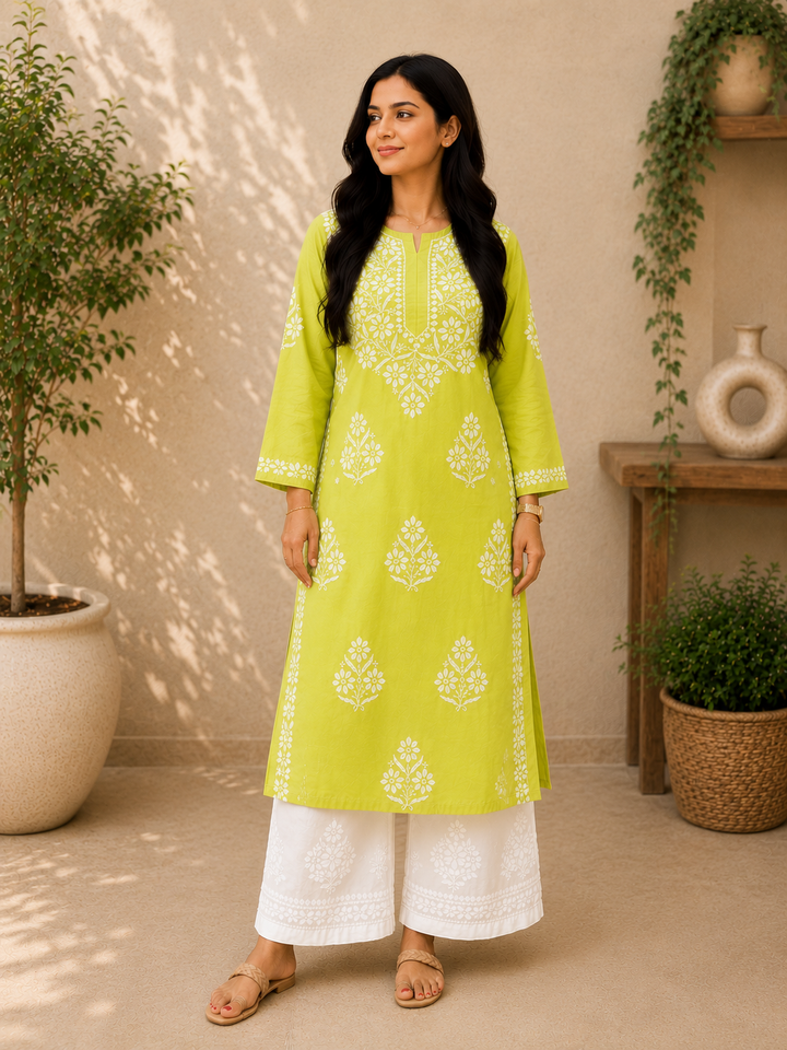 Rida Premium Chanderi Chikankari Women's Solid Long Kurta - Pista