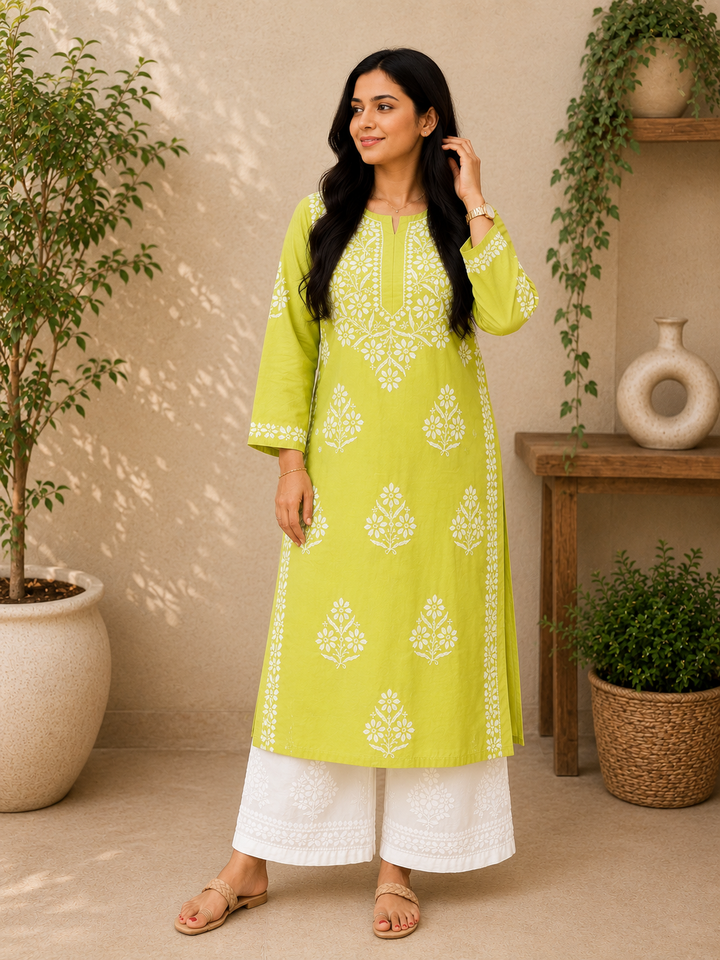 Rida Premium Chanderi Chikankari Women's Solid Long Kurta - Pista