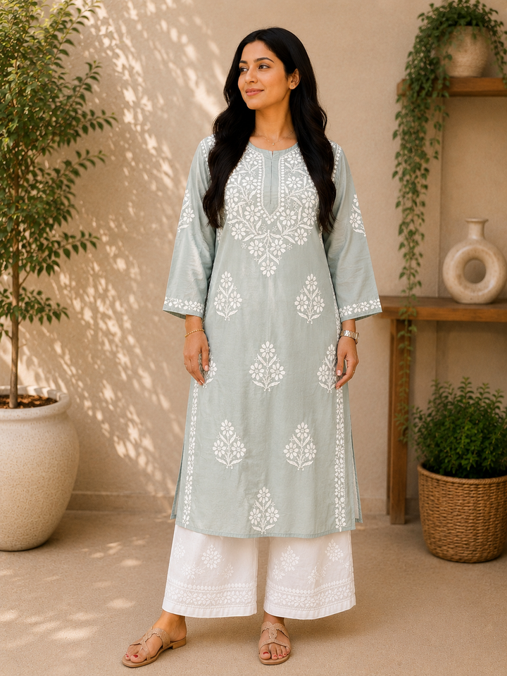 Rida Premium Chanderi Chikankari Women's Solid Long Kurta - Grey