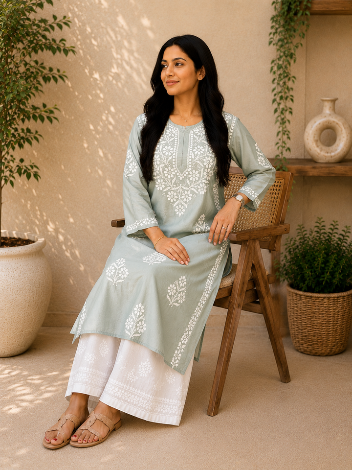 Rida Premium Chanderi Chikankari Women's Solid Long Kurta - Grey
