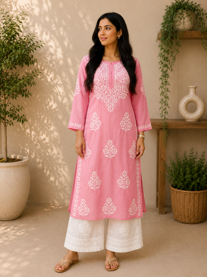 Rida Premium Chanderi Chikankari Women's Solid Long Kurta - Pink