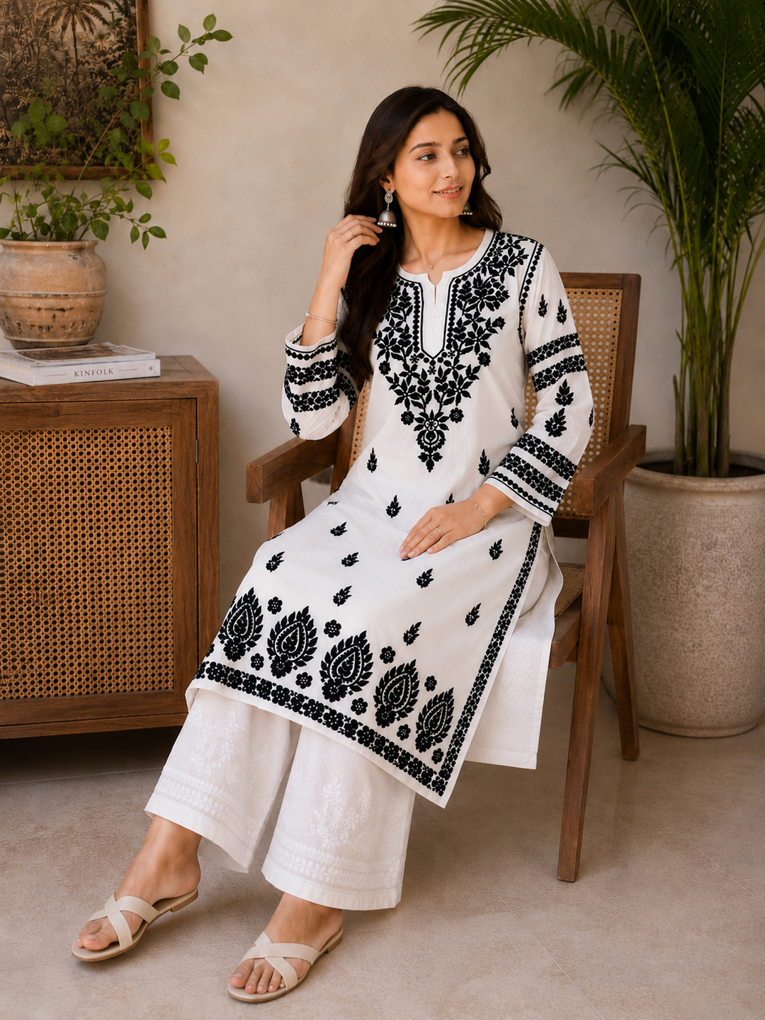 Sanchi Rayon Chikankari Hand Embroidered Women's Solid Long Kurta - White