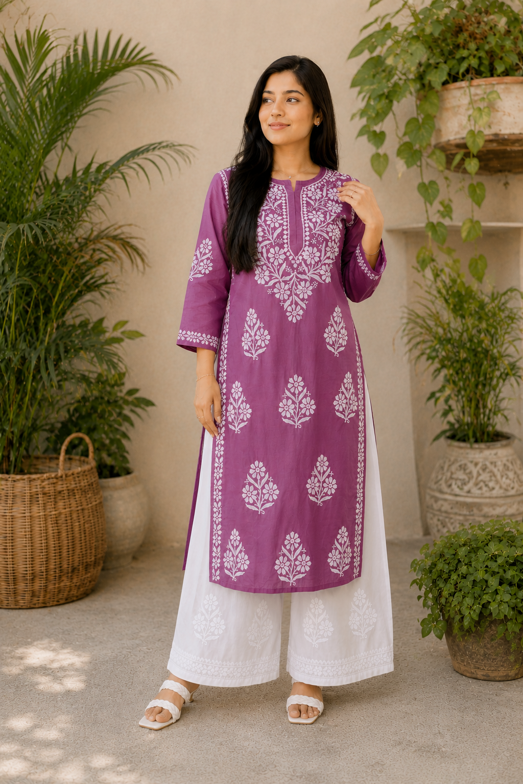 Rida Premium Chanderi Chikankari Women's Solid Long Kurta - Mauve