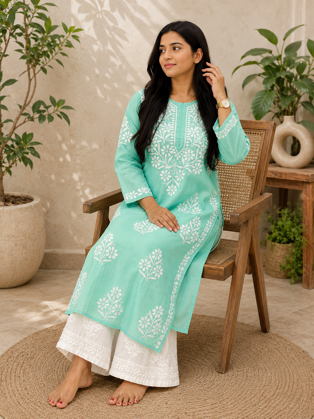 Rida Premium Chanderi Chikankari Women's Solid Long Kurta - Aqua