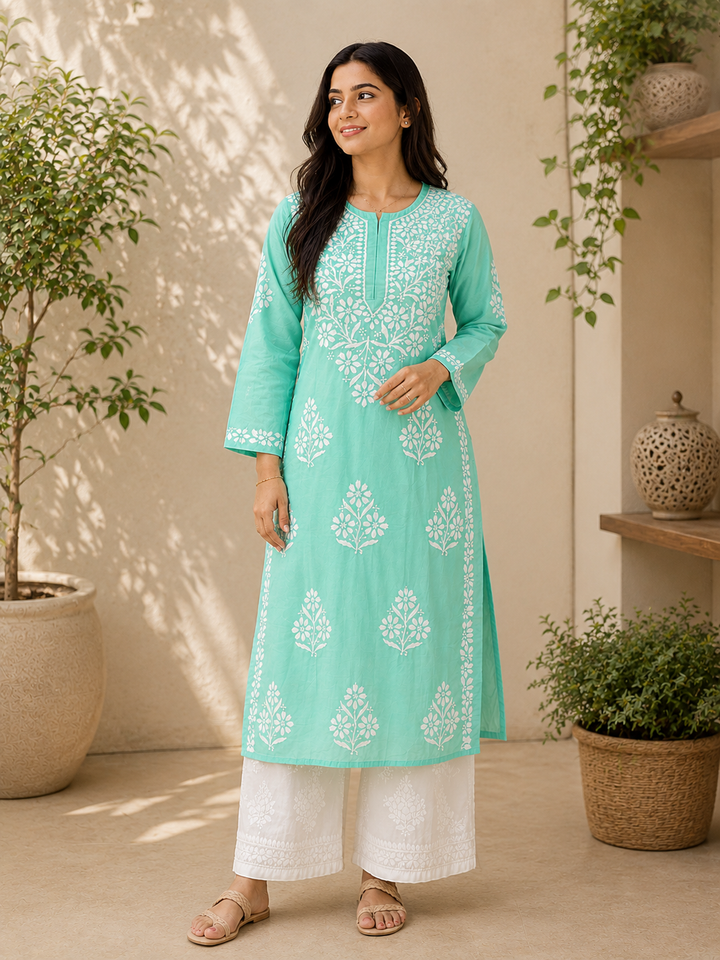 Rida Premium Chanderi Chikankari Women's Solid Long Kurta - Aqua
