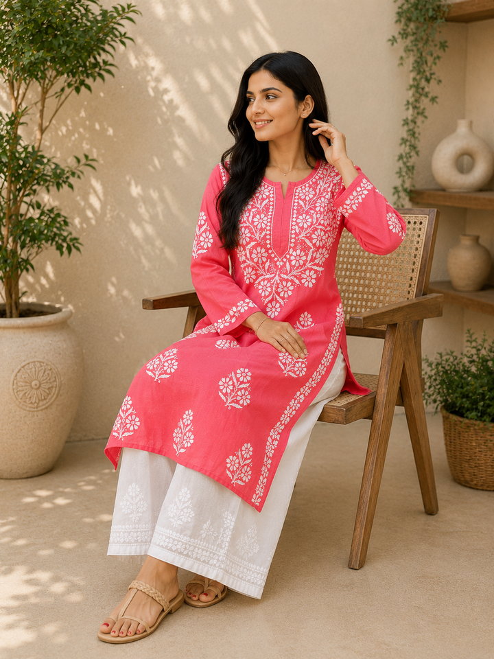 Rida Premium Chanderi Chikankari Women's Solid Long Kurta - Dark Peach