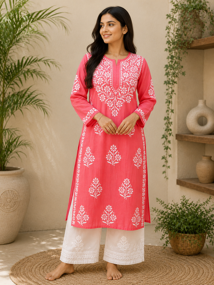 Rida Premium Chanderi Chikankari Women's Solid Long Kurta - Dark Peach