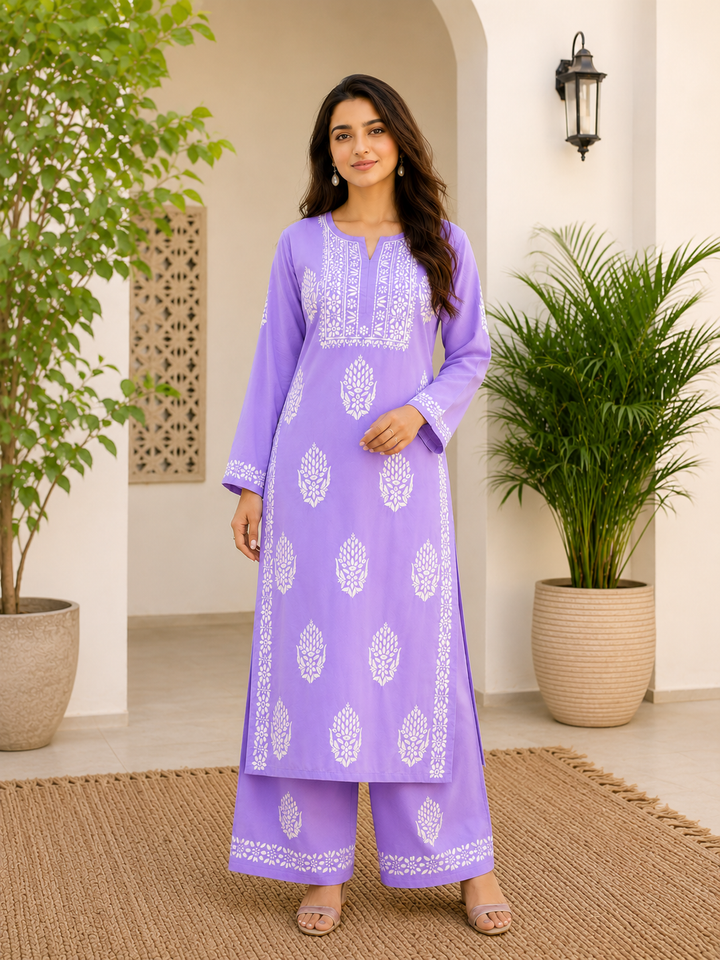 Bellate Premium Modal 3D Chikankari Solid Women's Kurta Palazzo Set - Lavender