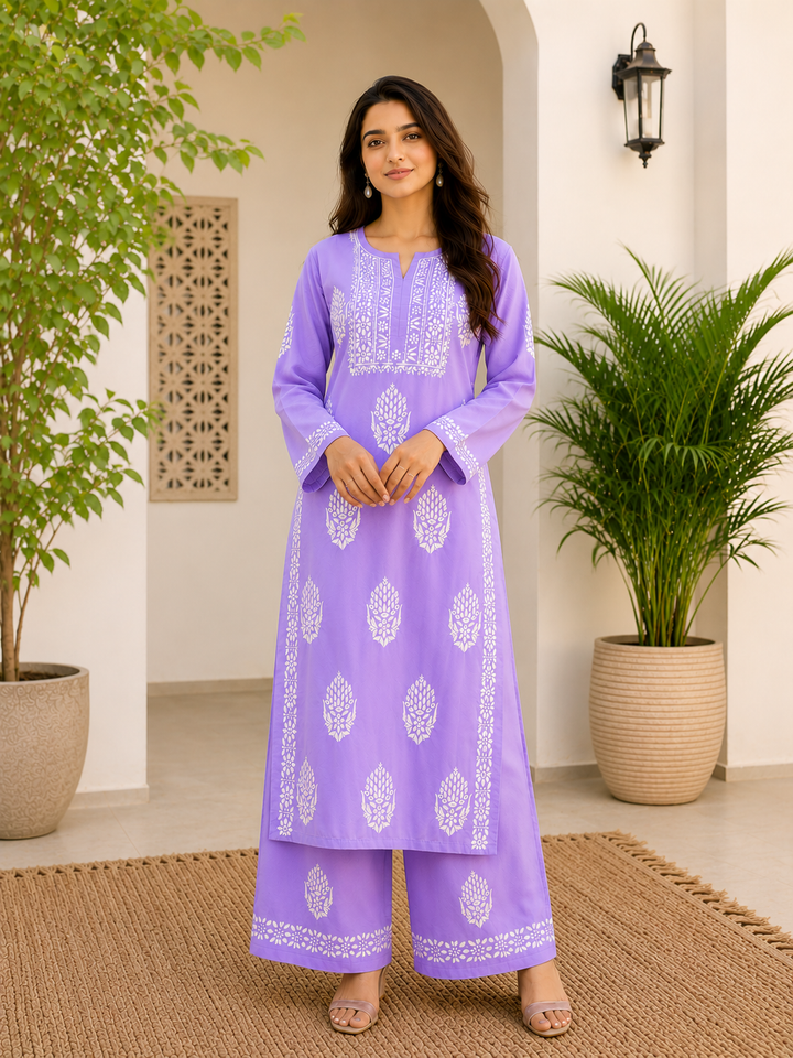 Bellate Premium Modal 3D Chikankari Solid Women's Kurta Palazzo Set - Lavender