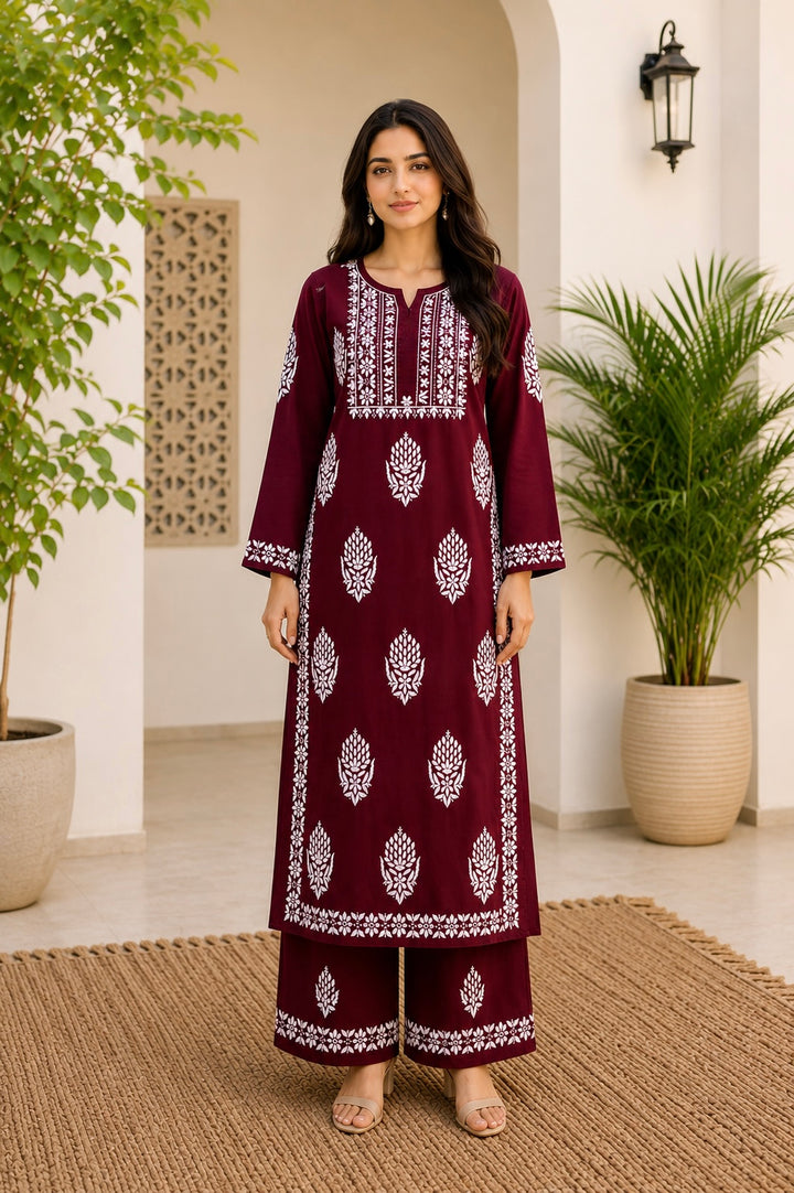 Bellate Premium Modal 3D Chikankari Solid Women's Kurta Palazzo Set - Maroon