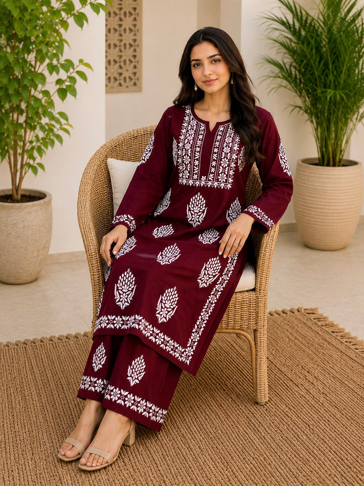 Bellate Premium Modal 3D Chikankari Solid Women's Kurta Palazzo Set - Maroon