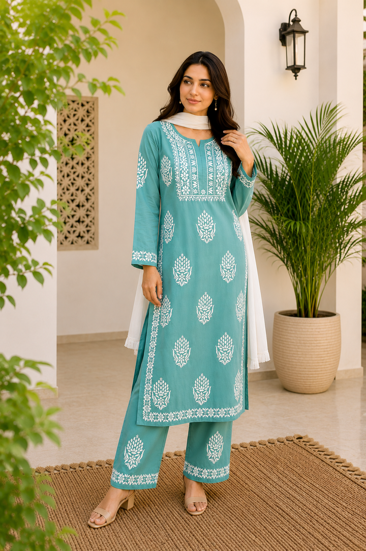 Bellate Premium Modal 3D Chikankari Solid Women's Kurta Palazzo Set - Army Green