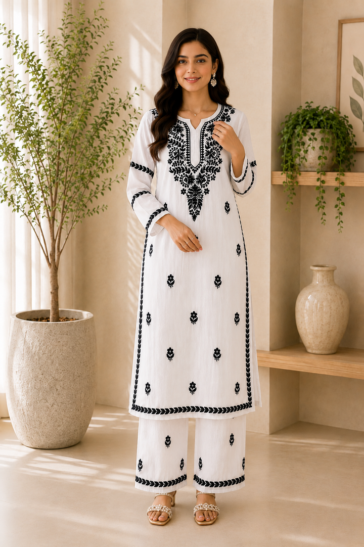 Sheela Premium Modal Chikankari Women's Solid Long Kurta Palazzo set - White