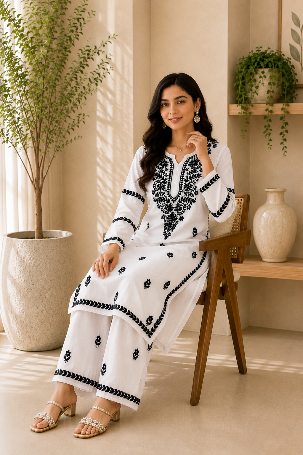 Sheela Premium Modal Chikankari Women's Solid Long Kurta Palazzo set - White