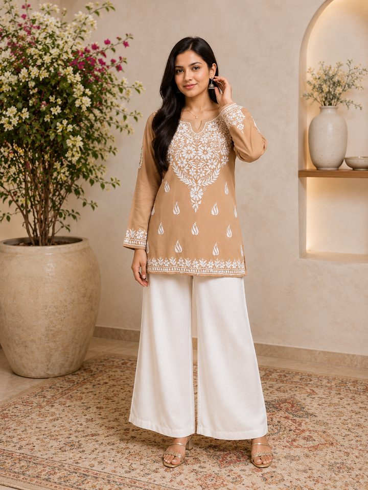 Ayat Chikankari Handwork Women's Modal Short Kurta - Beige Brown