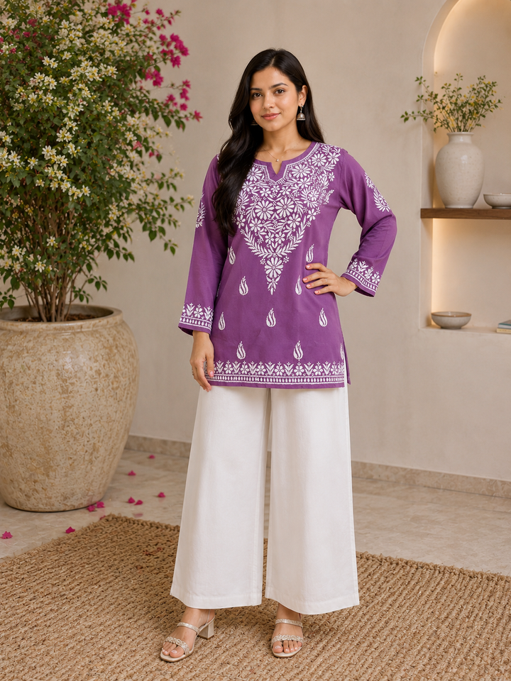 Ayat Chikankari Handwork Women's Modal Short Kurta - Mauve