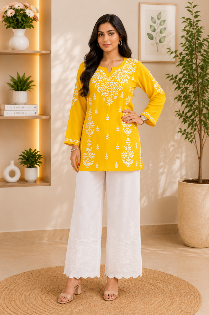 Ayat Chikankari Handwork Women's Modal Short Kurta - Mango Yellow
