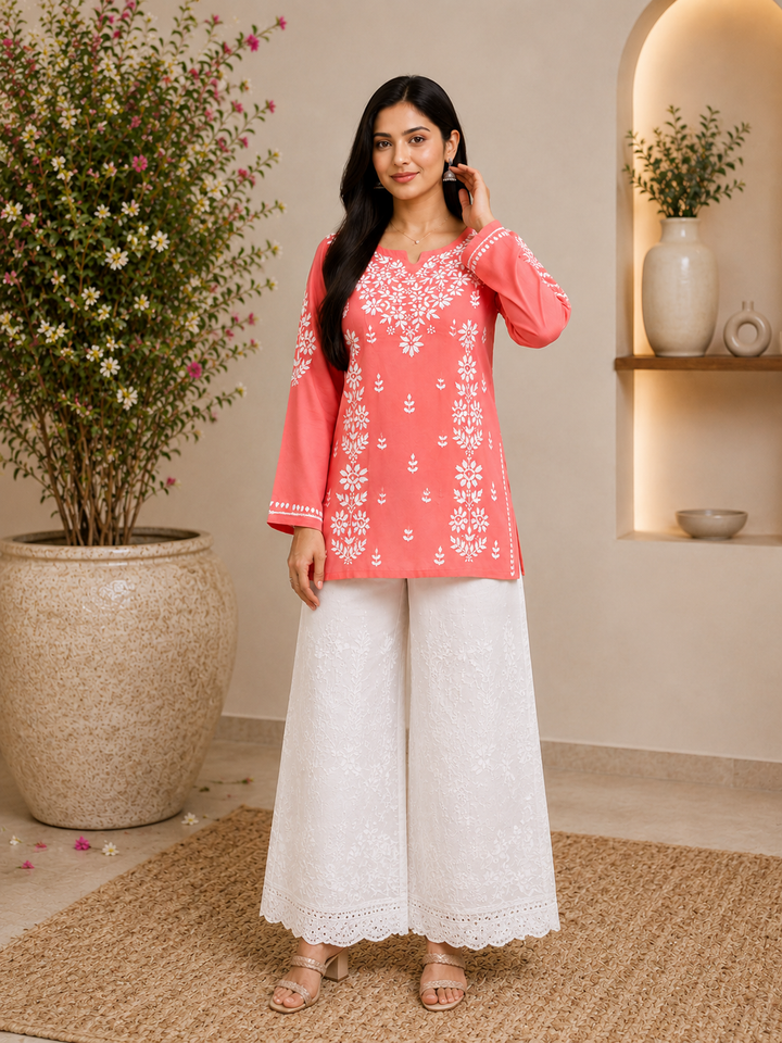 Ayat Chikankari Handwork Women's Modal Short Kurta - Peach