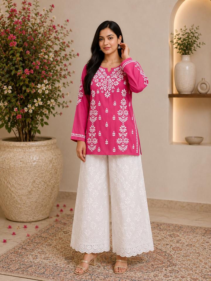 Ayat Chikankari Handwork Women's Modal Short Kurta - Dark Pink