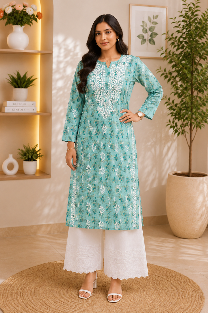 Inayat Cotton Chikankari Hand Embroidered Women's Long Kurta - Mint Blue