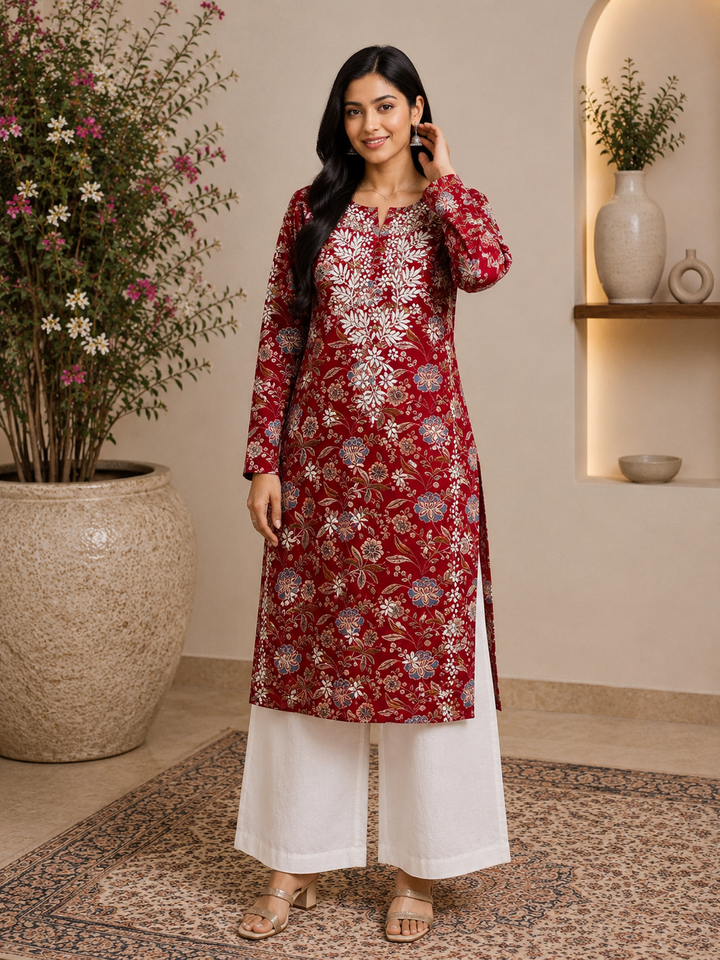 Inayat Cotton Chikankari Hand Embroidered Women's Long Kurta - Maroon