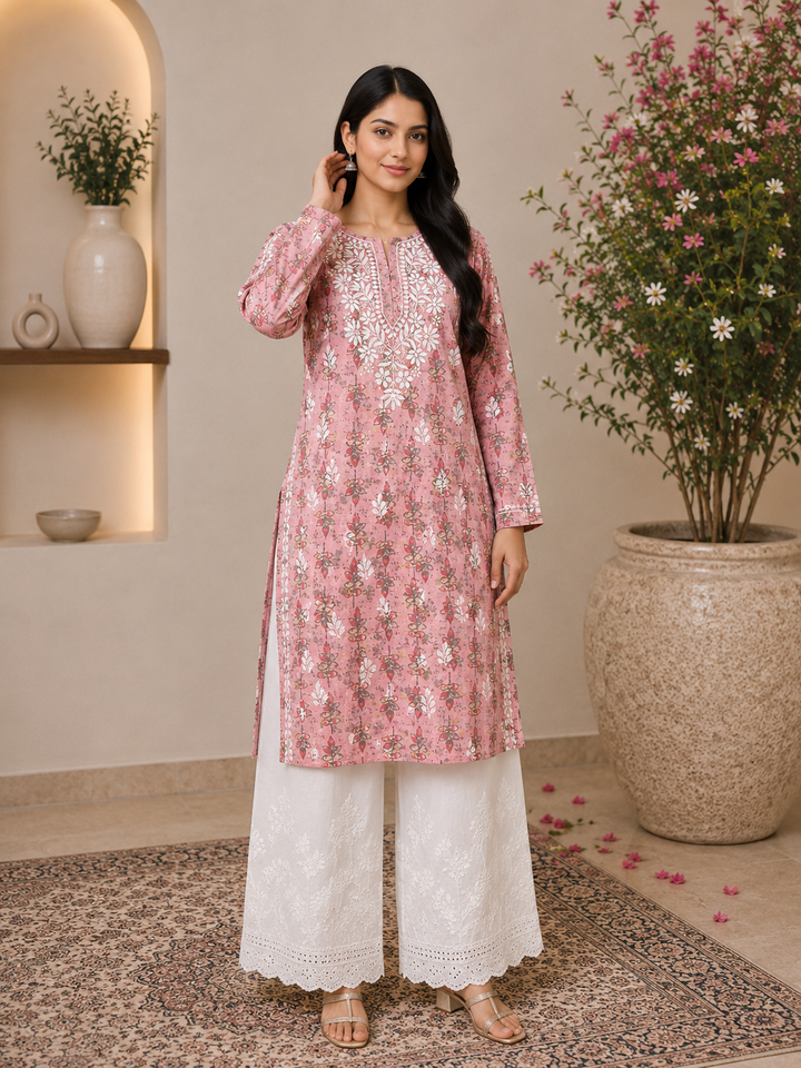 Inayat Cotton Chikankari Hand Embroidered Women's Long Kurta - Onion Pink