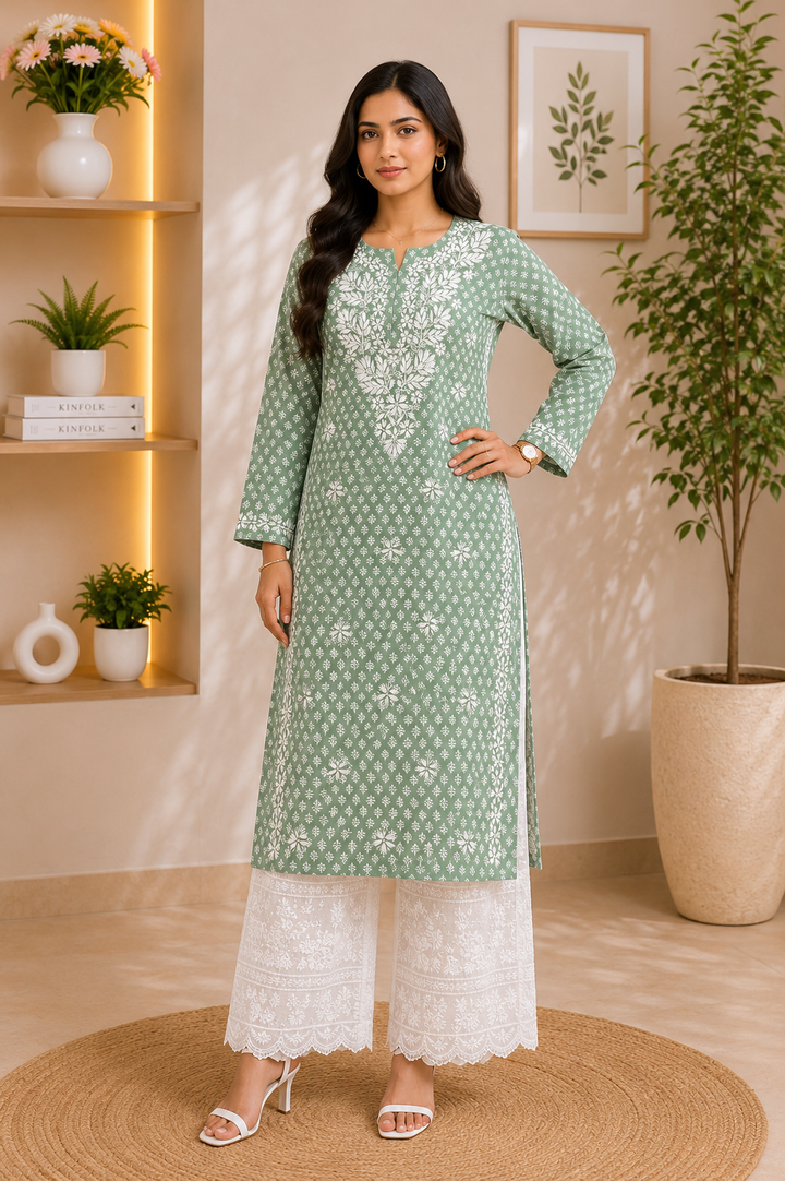 Inayat Cotton Chikankari Hand Embroidered Women's Long Kurta - Saunf Green