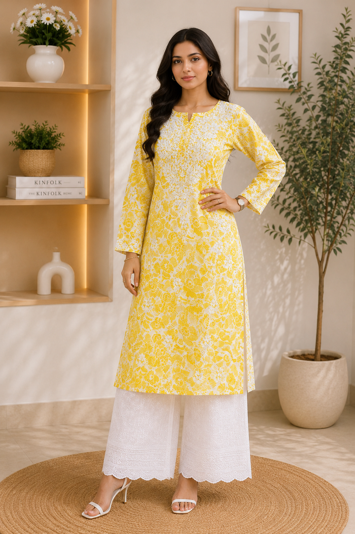 Inayat Cotton Chikankari Hand Embroidered Women's Long Kurta - Yellow & White
