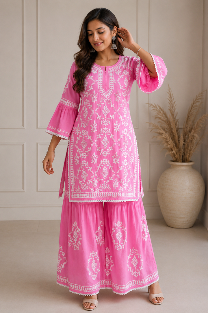 Navya 3D Chikankari Hand Embroidered Womens Gharara Set - Pink
