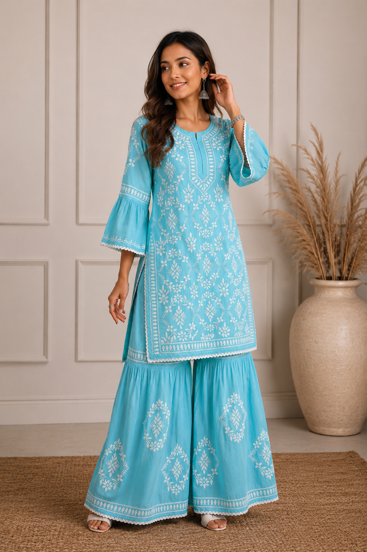 Navya 3D Chikankari Hand Embroidered Womens Gharara Set - Sky
