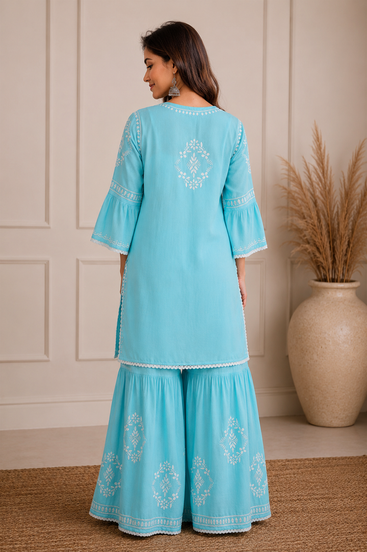 Navya 3D Chikankari Hand Embroidered Womens Gharara Set - Sky